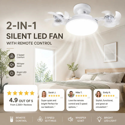 2‐in‐1 Silent LED Fan with Remote Control, Energy‐Saving Cooling & Lighting Combo for Home Bedroom