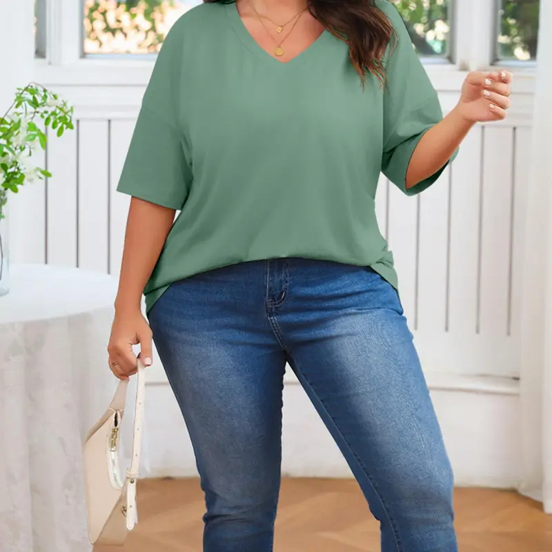 Women's Plus Size V Neck Half Sleeve Tunic Tee Loose Fit Cotton Summer