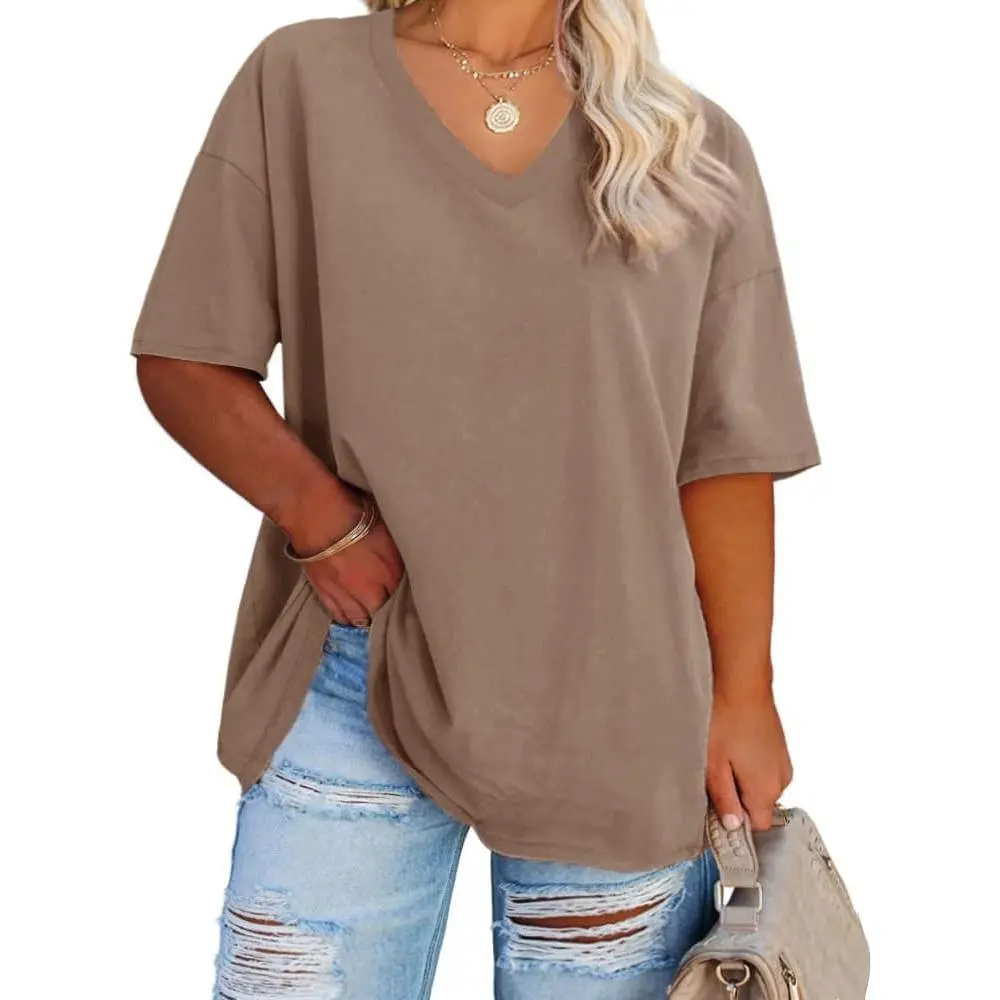 Women's Plus Size V Neck Half Sleeve Tunic Tee Loose Fit Cotton Summer