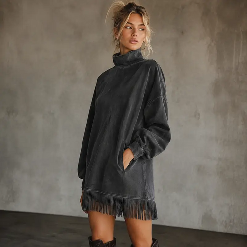 Women's High Neck Oversized Fringe Sweatshirt Dress with Side Pockets