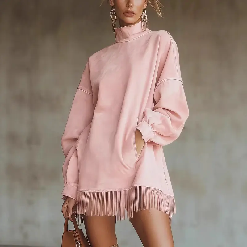 Women's High Neck Oversized Fringe Sweatshirt Dress with Side Pockets