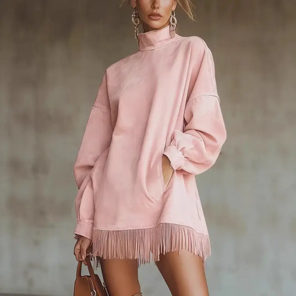 Women's High Neck Oversized Fringe Sweatshirt Dress with Side Pockets