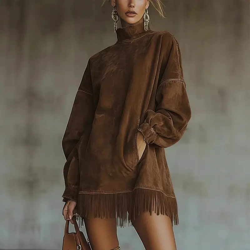 Women's High Neck Oversized Fringe Sweatshirt Dress with Side Pockets