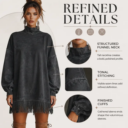 Women's High Neck Oversized Fringe Sweatshirt Dress with Side Pockets