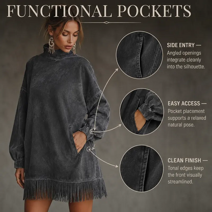 Women's High Neck Oversized Fringe Sweatshirt Dress with Side Pockets