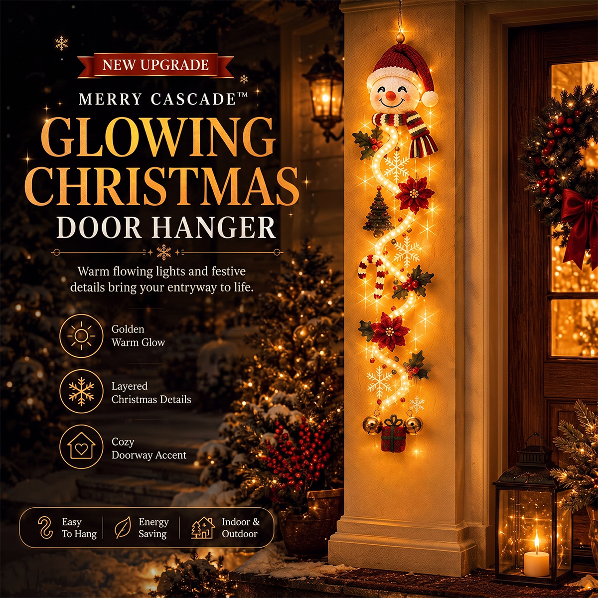 ⏳ Last Day 49% OFF – 🎄MerryCascade™ Glowing Christmas Door Hanger | 6 Festive Light Designs✨
