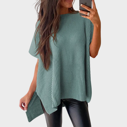 Women's Oversized Puff Sleeve Knit Pullover Round Neck Side Slit Casual