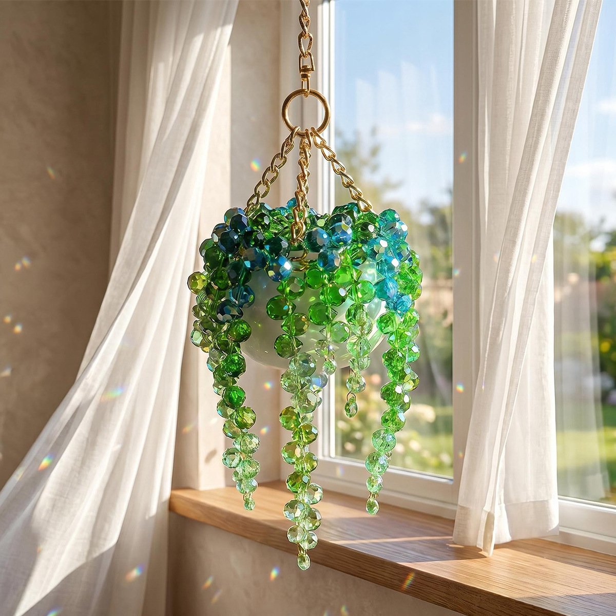 ✨ Mini White Pot Beaded Plant Suncatcher, Crystal Rainbow Maker Window Hanging Decor🌱