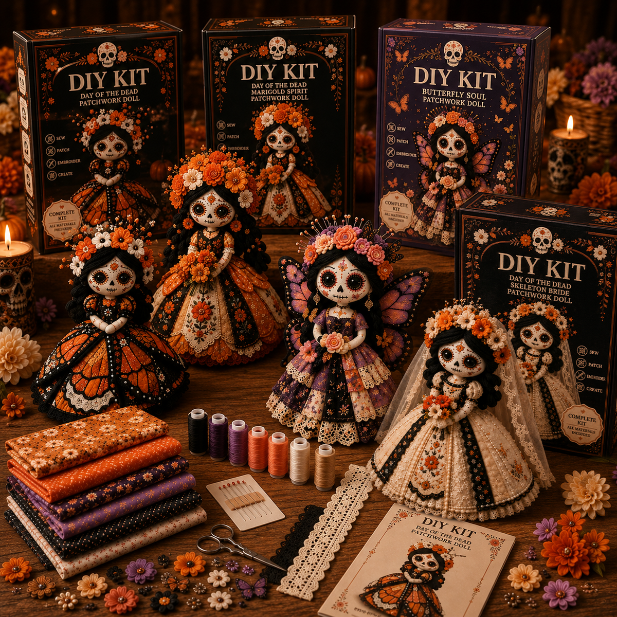 🔥LAST DAY 49% OFF - 🎃Day of the Dead Patchwork Doll DIY Sewing Kit - Handmade Fabric Doll Craft Kit with Floral Details