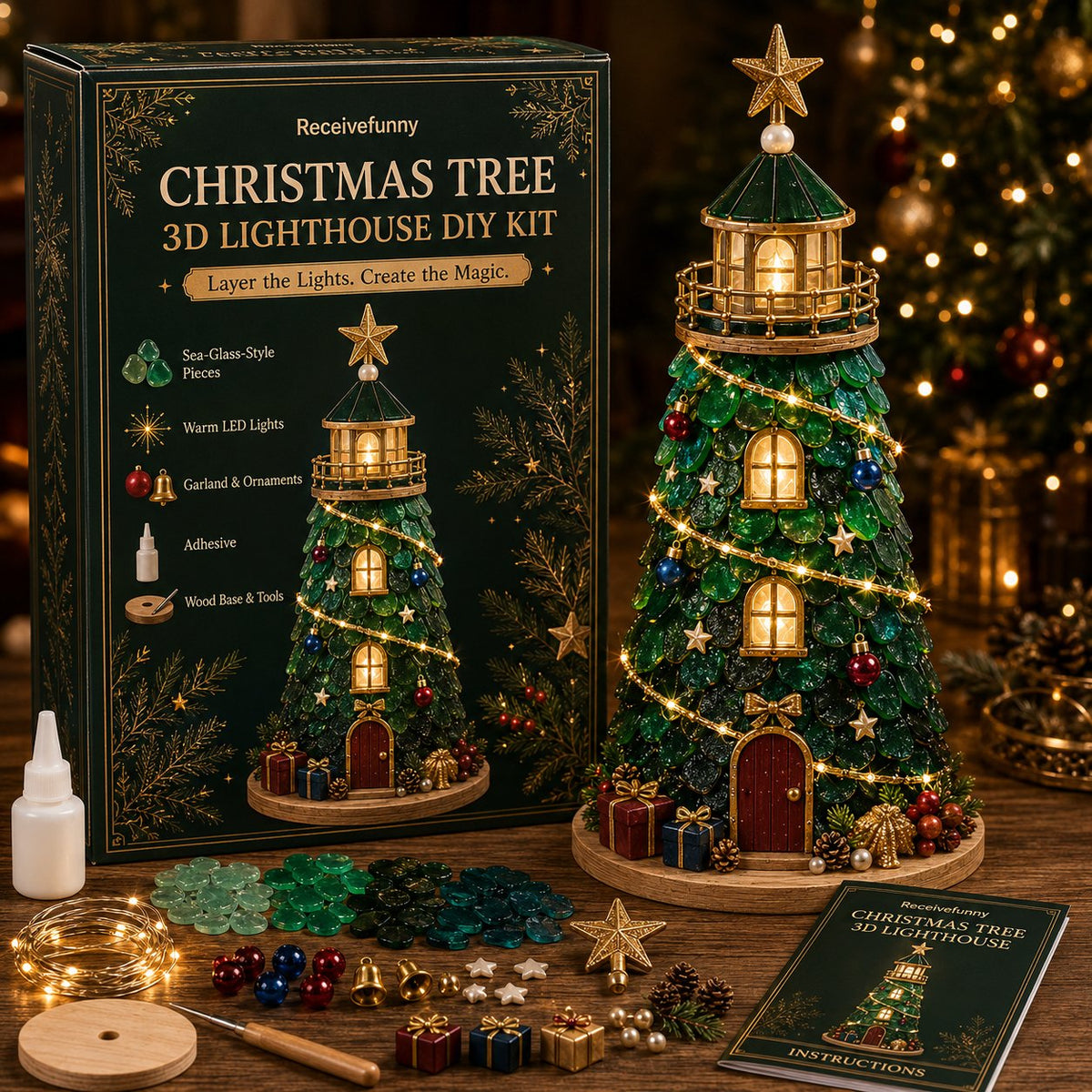 🎅 2026 Christmas Gift --🎄Beginner-Friendly DIY Lighted Christmas Character Sea Glass-Style Lighthouse Kit Collection | Complete Kit with Sea Glass-Style Pieces, LED Lights & Step-by-Step Guide Included 💕