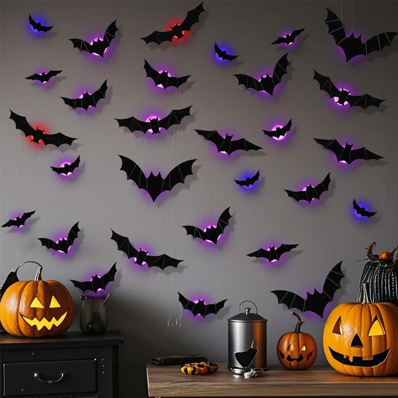 Halloween LED Flying Bat Decorations – Glowing 3D Bat Wall Decor for Porch, Window, Door, Garage & Party Backdrop