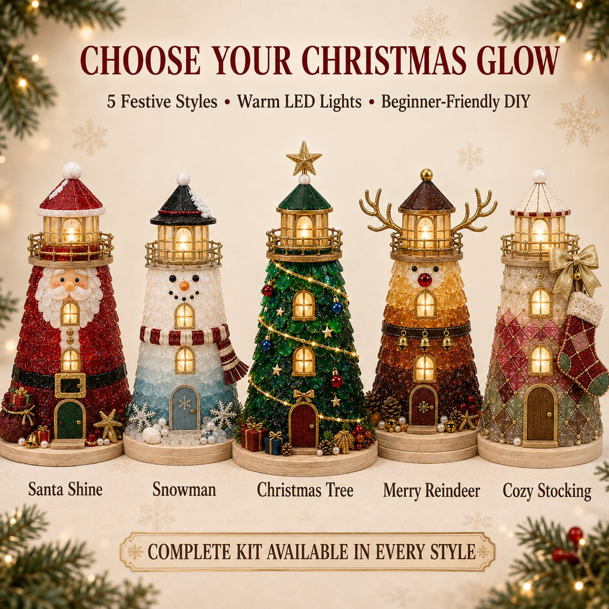 🎅 2026 Christmas Gift --🎄Beginner-Friendly DIY Lighted Christmas Character Sea Glass-Style Lighthouse Kit Collection | Complete Kit with Sea Glass-Style Pieces, LED Lights & Step-by-Step Guide Included 💕