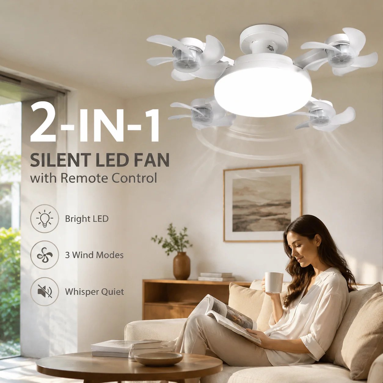 2‐in‐1 Silent LED Fan with Remote Control, Energy‐Saving Cooling & Lighting Combo for Home Bedroom