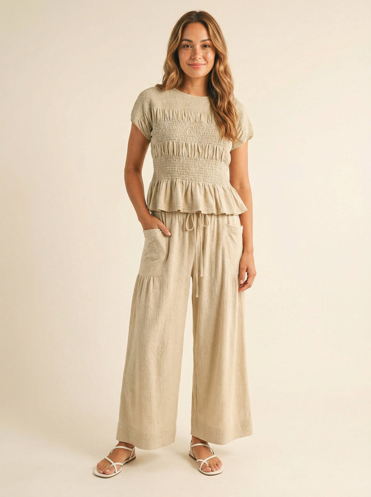 Women's 2 Piece Boho Set Smocked Top Wide Leg Pants