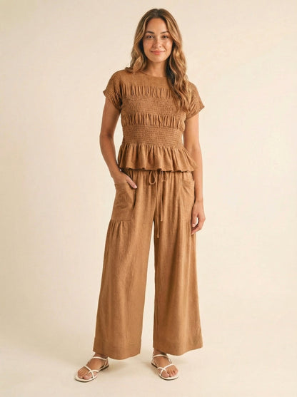 Women's 2 Piece Boho Set Smocked Top Wide Leg Pants